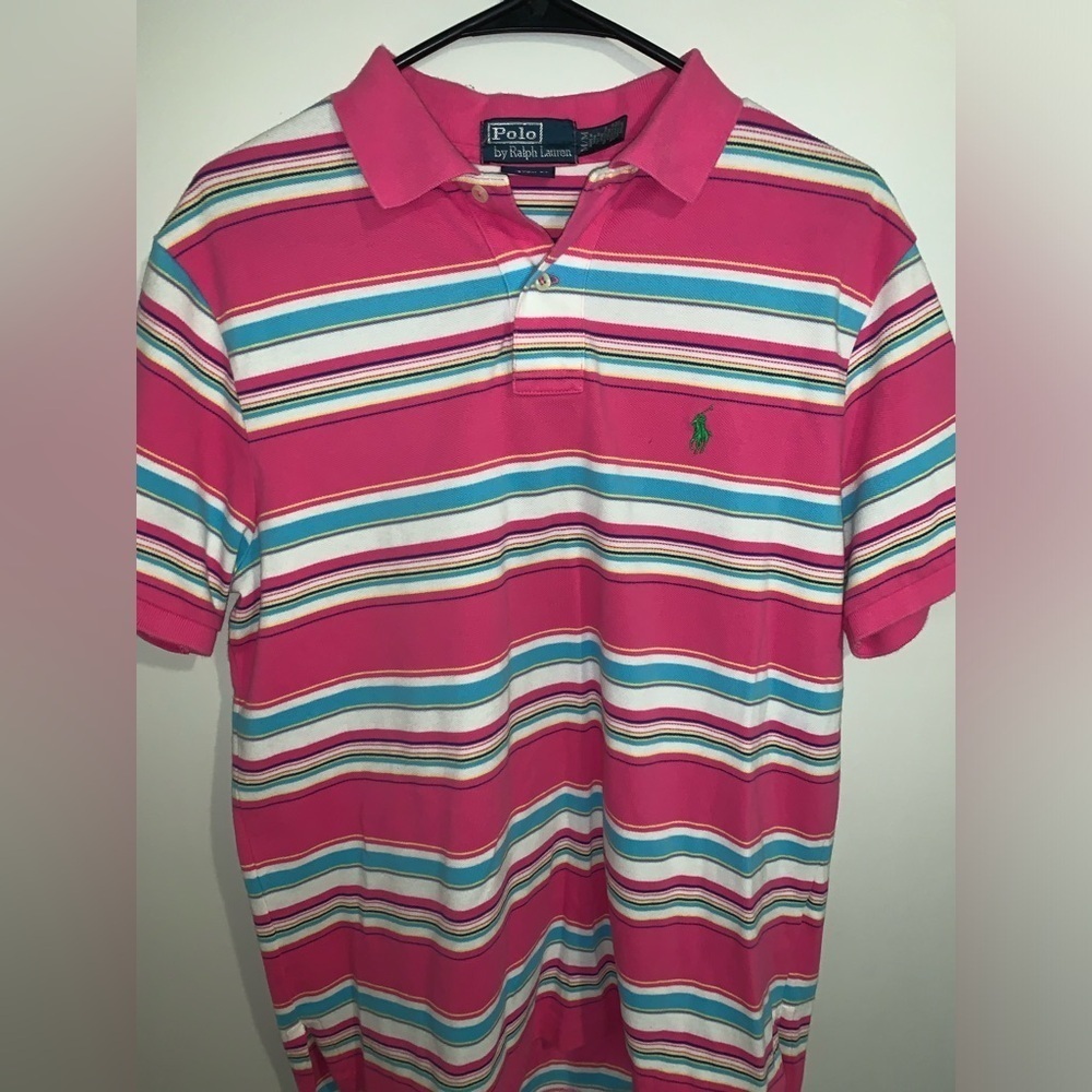 PINK Polo Ralph Lauren Mens Vintage 90s Multicolored Striped Polo Shirt M